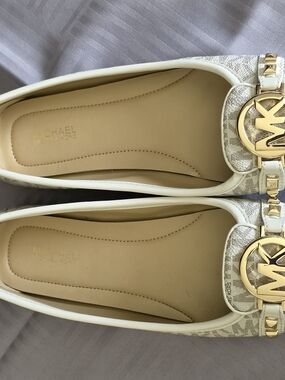 Michael Kors Cream Logo Ballet Flats with Gold MK Accent